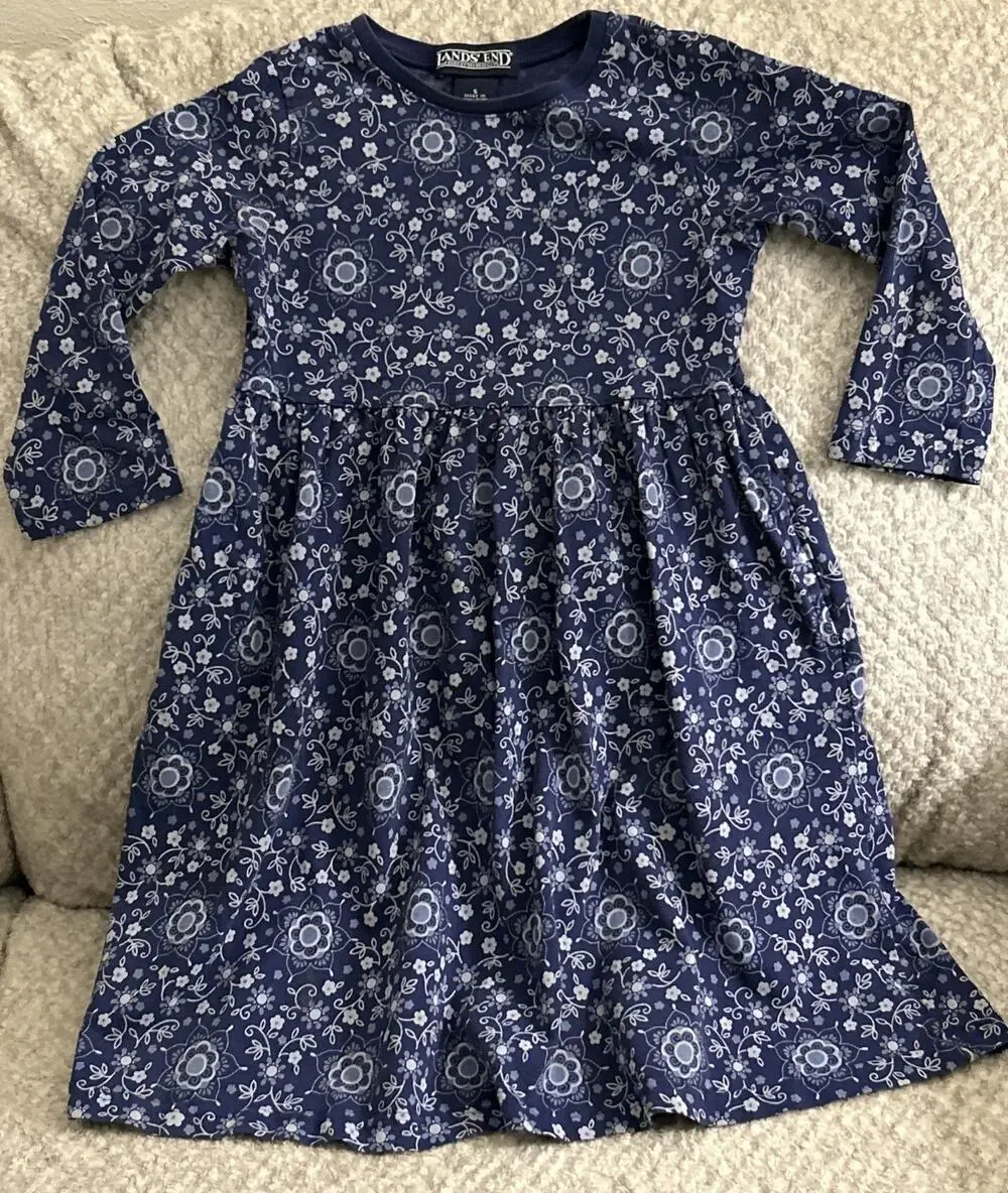 Lands End Girls 100% Cotton Blue Floral Long-Sleeve Dress Size 5 Prairie Cottage